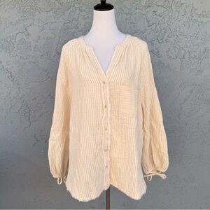 Aerie Daybreak Button Front 100% Cotton Oversized Tan Cream Striped Shirt NWT M